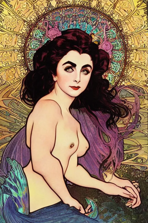 Image similar to realistic detailed face portrait of Mermaid Elizabeth Taylor, by Alphonse Mucha, and Lisa Frank, Art Nouveau, Neo-Gothic, gothic, rich deep colors