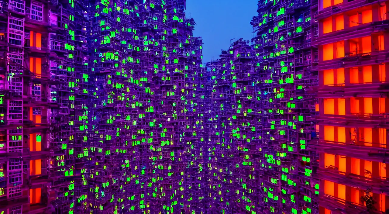 Image similar to Cyberpunk Residential Blocks, futuristic Phnom-Penh Cambodia, neon lighting