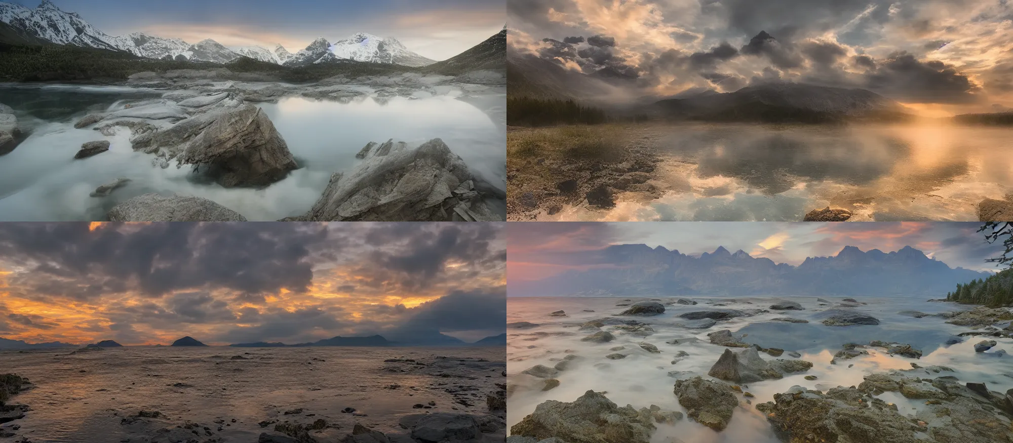 Image similar to mountain sunset over water, reflections, crepuscular rays, long exposure