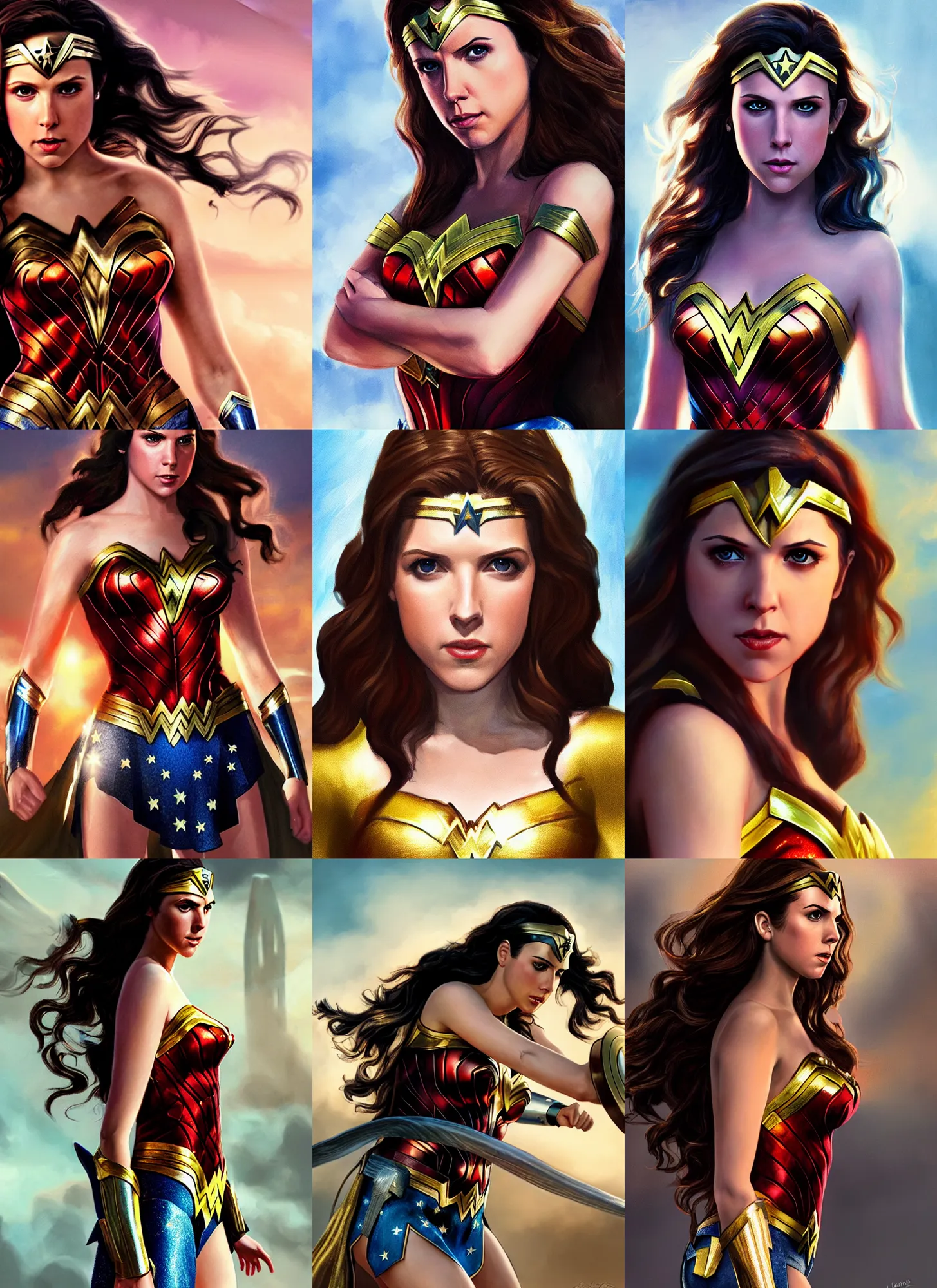 Prompt: anna kendrick as wonder woman, golden hour, concept art, detailed clothing, art station, oil painting