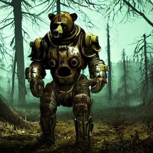 Image similar to A zombie bear attacks a man in power armor with a minigun in his hands against the background of a radioactive forest, graphics, fallout 4 render, 3d computer render, maximum details, rain, night, spotlight,