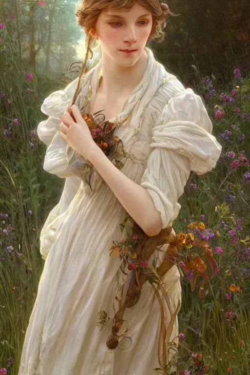 Image similar to beautiful cottagecore young peasant maiden, innocent, intricate, elegant, highly detailed, digital painting, artstation, concept art, smooth, sharp focus, illustration, art by artgerm and greg rutkowski and alphonse mucha