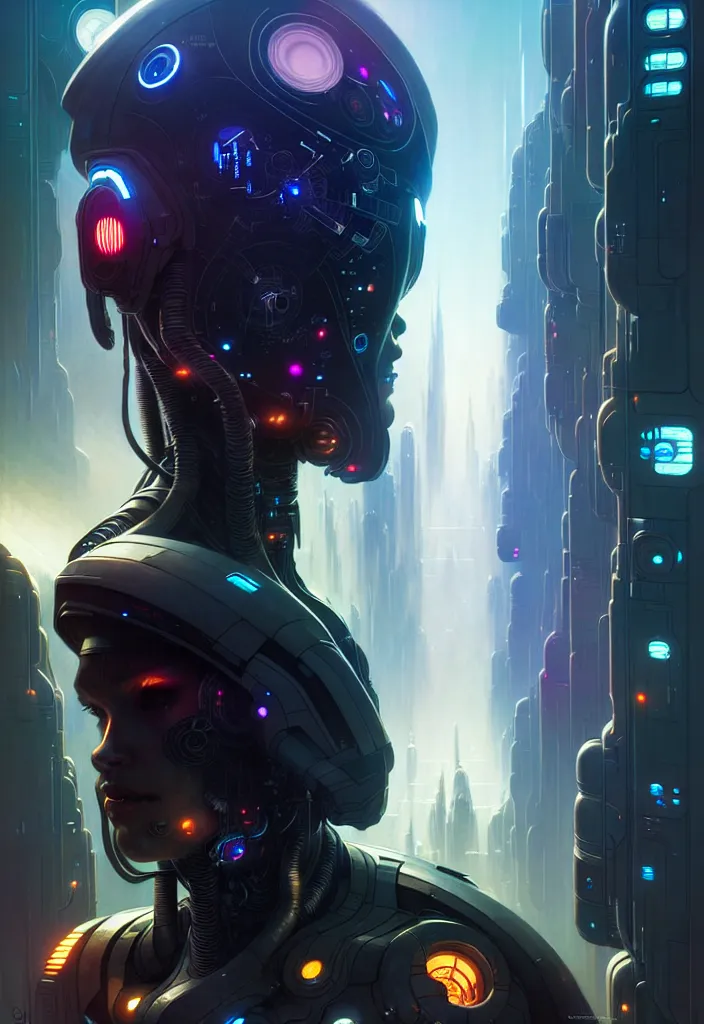 Image similar to ultra realistic, cyborg in a space metropolis, sci-fi, cyberpunk, concept art, intricate details, eerie, highly detailed, octane render, 8k, , art by artgerm and greg rutkowski and alphonse mucha