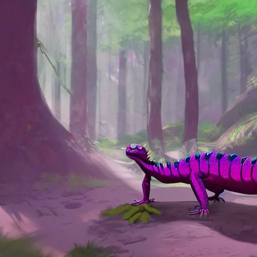 Image similar to concept art painting of an anthropomorphic humanoid lizard wearing magenta wizard robes, in the deep forest, realistic, detailed, cel shaded, in the style of makoto shinkai and greg rutkowski and james gurney