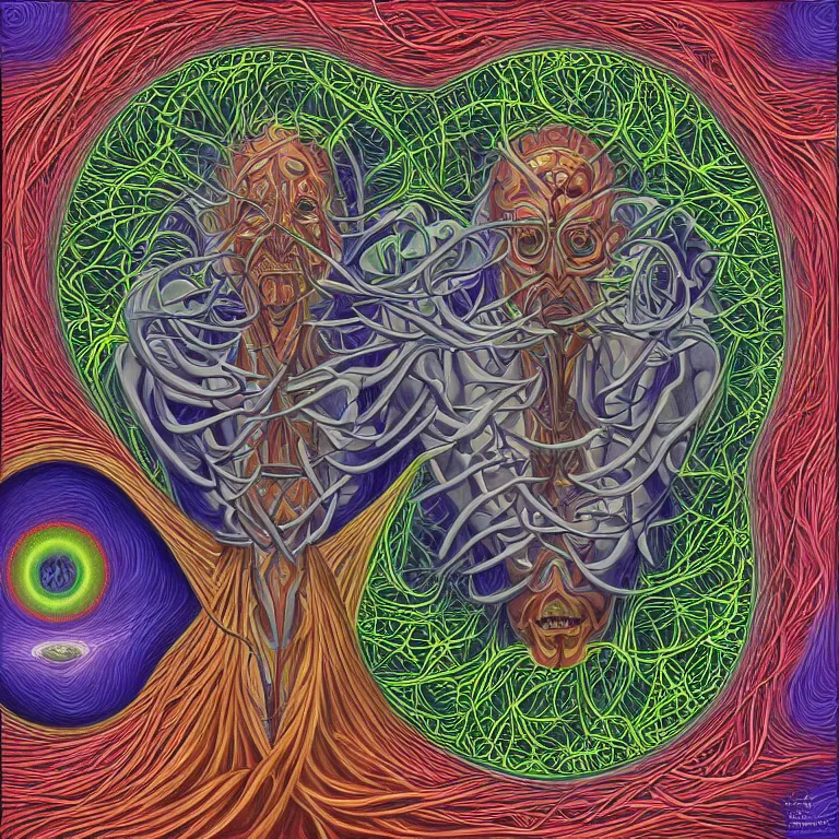 Image similar to expression of mind-matter interaction through death by Alex Grey and M. C. Escher collaboration, digital painting, Groundcore