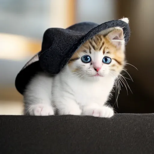 Prompt: a photograph of a kitten wearing a hat