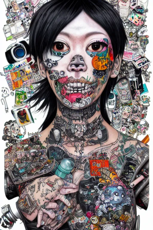 Prompt: full view, from a distance, of anthropomorphic trashcan punk with tattoos, full of trash, style of yoshii chie and hikari shimoda and martine johanna, highly detailed