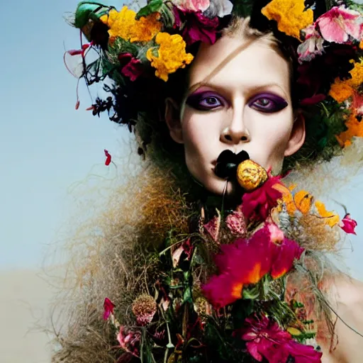 Prompt: Candid portrait photograph of a female fashion model face close up, model wearing an Avant-garde outfit with flowers in hair, desert ambiance , photo taken by Annie Leibovitz