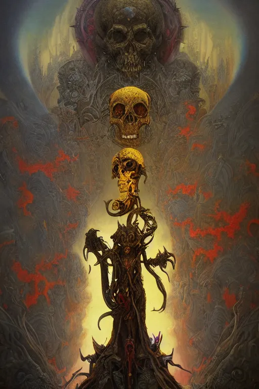 Prompt: gigantic psychedelic demonic skull lord of death and fire, fantasy painting, ultra realistic, wide angle, art nouveau, intricate details, rainbowshift, vivid colors, highly detailed by peter mohrbacher, h. r. giger, maxfield parrish, gaston bussiere, gustave dore, beksinski, craig mullins, octane render, cgi