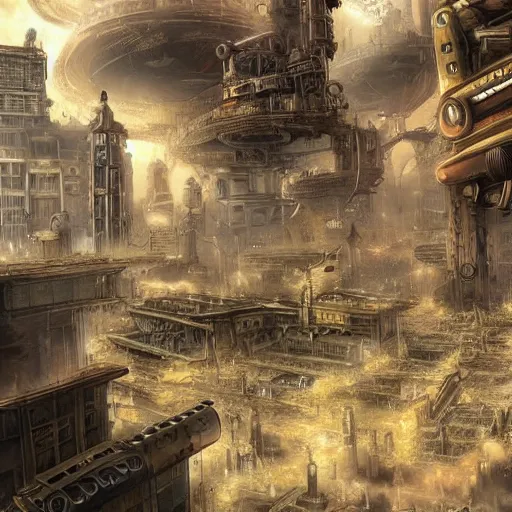 Prompt: steampunk city, war, space, future, ultra realistic