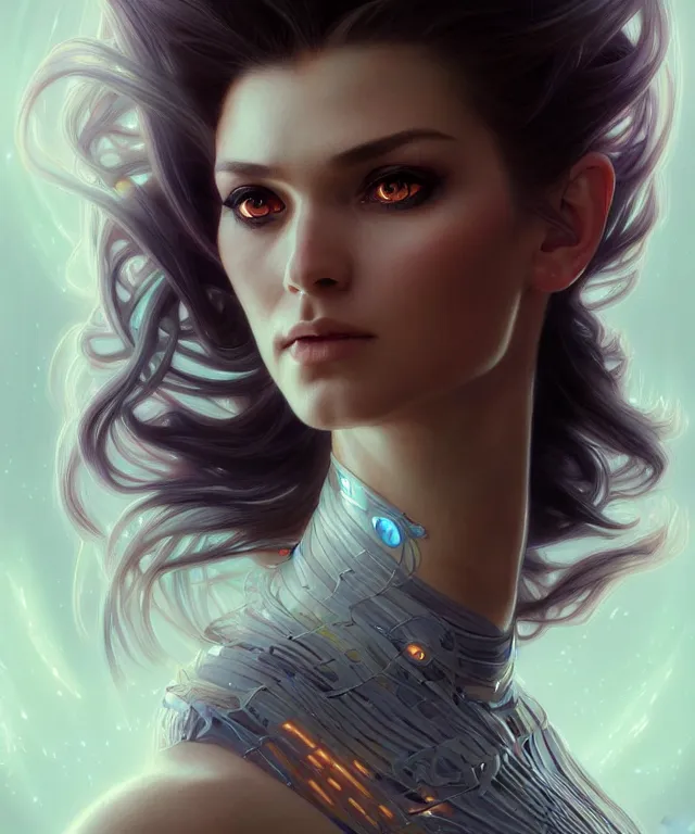 Image similar to futuristic dress woman portrait, sci-fi, amber eyes, face, long hair, fantasy, intricate, elegant, highly detailed, digital painting, artstation, concept art, smooth, sharp focus, illustration, art by artgerm and greg rutkowski and alphonse mucha