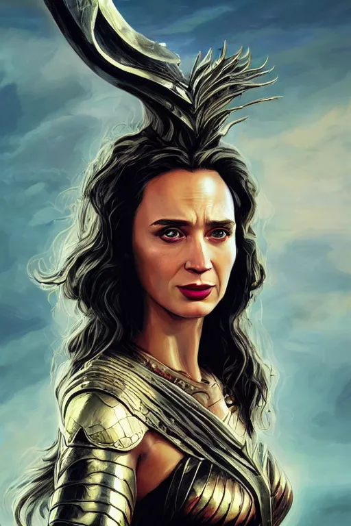 Image similar to A fantasy comic book style portrait painting of, hybrid of Gal Gadot, Emily Blunt, as an Atlantean, Reptilian Warrior, Mystical Valkyrie, Armor, Sword, Archer Bow, Spear, Sheild, François Boucher, Oil Painting, unreal 5, DAZ, hyperrealistic, octane render, Regal, Refined, Coherent, Detailed Digital Art, RPG portrait, William-Adolphe Bouguereau, Michael Cheval, Walt Disney (1937), Steampunk, dynamic lighting, Highly Detailed, Cinematic Lighting, Unreal Engine, 8k, HD