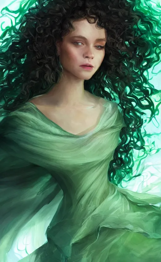 Image similar to a young woman with wild, curly hair and bright green eyes. she's wearing a flowing dress made of light, airy fabric and she has a mischievous look on her face, dynamic lighting, photorealistic fantasy concept art, trending on art station, stunning visuals, creative, cinematic, ultra detailed