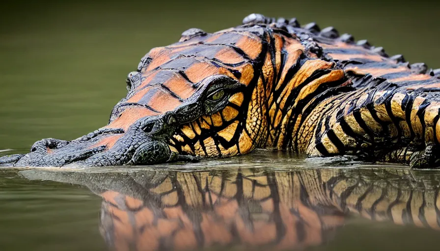 Image similar to an alligator tiger!!! hybrid! hyper realistic!! realistic lighting!! wildlife photographer of the year!!! bold natural colors, national geographic, hd, wide angle, 8 k