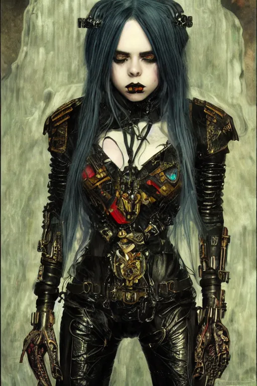 Image similar to beautiful gothic billie eilish, cyberpunk, Warhammer, highly detailed, artstation, illustration, art by Gustav Klimt