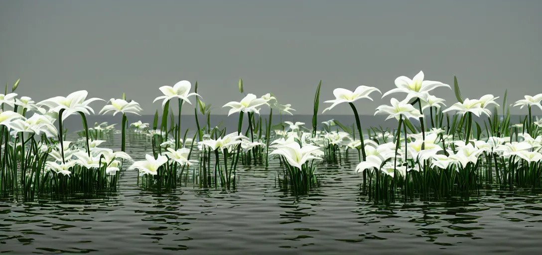 Image similar to lilys floating on a lake, panoramic, concept art, high detail, lake, white flower lily, white petals, gentle, peaceful, beautiful,