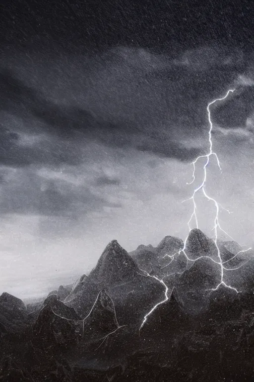 Image similar to 3 d render, realistic nature, dark color palate, snowy craggy sharp mountains, stormy weather, lightning, 8 k