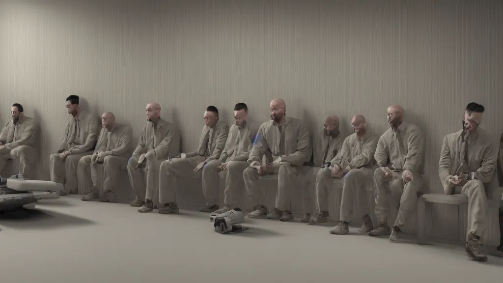 Image similar to prison inmates in striped suits sitting around a television bolted to the wall, rendered in octane, rendered in Corona, rendered in vray, rendered in Arnold, insanely detailed, photorealistic, cinematic, global illumination, no grain