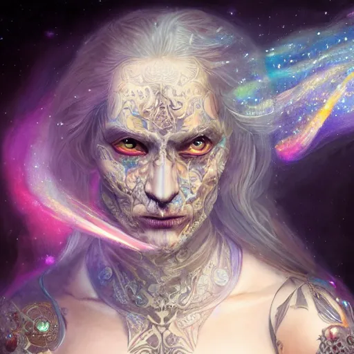 Image similar to a WLOP 3d render of very very highly detailed beautiful mystic portrait of a phantom warrior with galaxy, tattoos by Anton Pieck, intricate, extremely detailed, digital painting, artstation, concept art, smooth, sharp focus, illustration, intimidating lighting, incredible art,