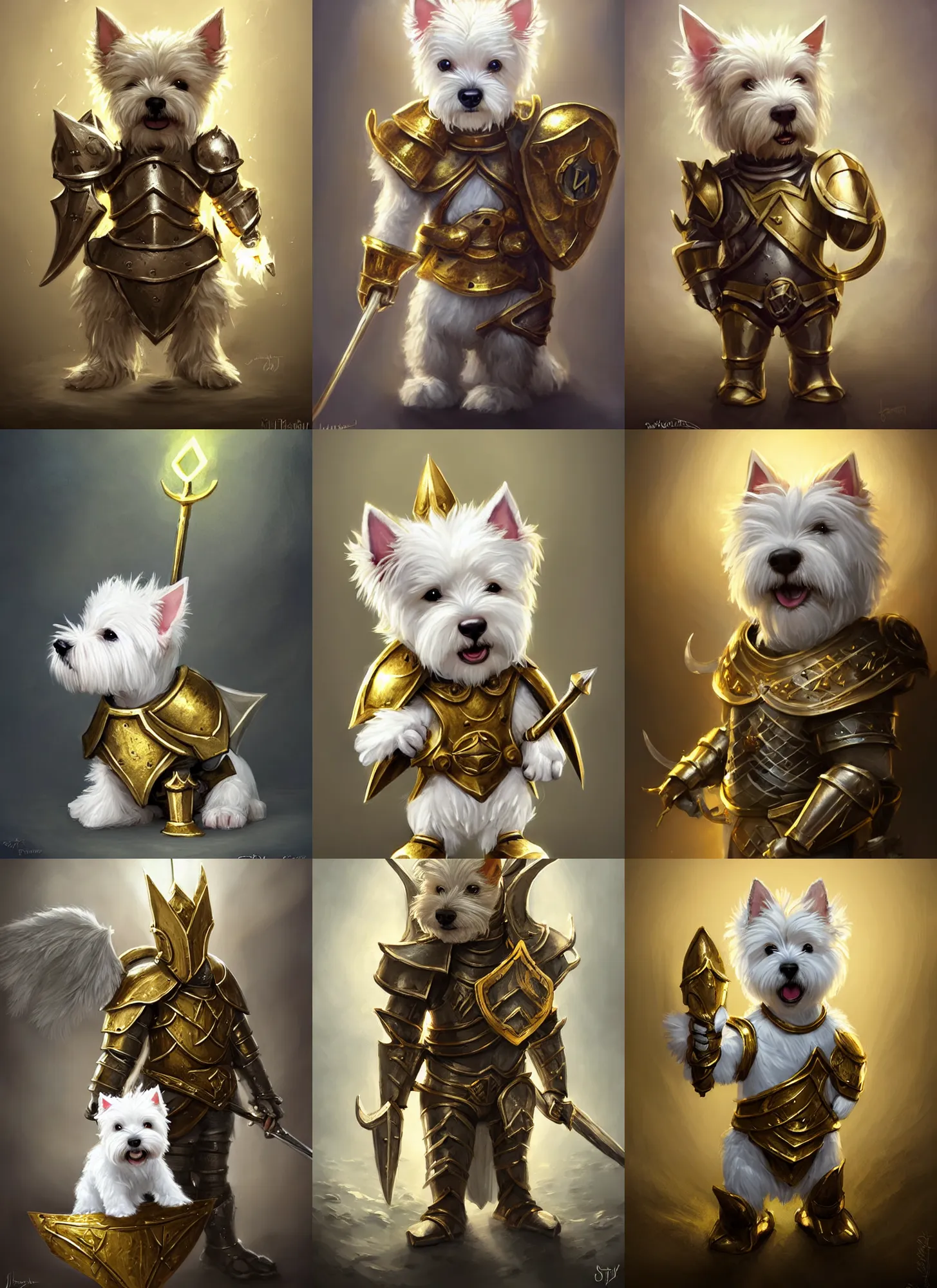 Prompt: A cute little anthropomorphic west highland white terrier knight wearing gold body armor, joy, happy, adorable, short, baby animal, DnD character art portrait, ultra realistic, ultra detailed, cinematic lighting, epic lighting, volumetric light, DeviantArt Artstation, by Jason Felix by Steve Argyle by Tyler Jacobson by Peter Mohrbacher