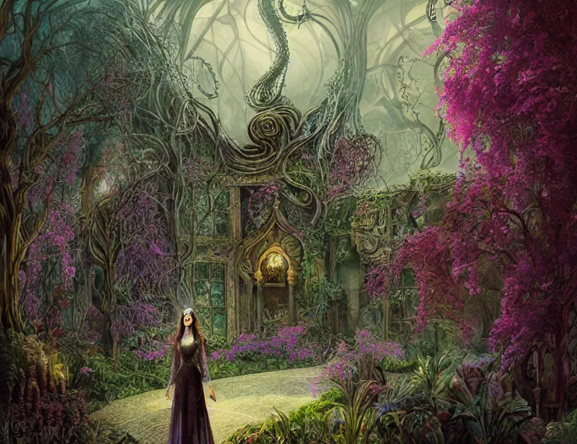 Prompt: a woman standing in a lovecraftian eldritch persian palace garden. this airbrush painting by the award - winning concept artist has dramatic lighting, an interesting color scheme and great sense of depth.