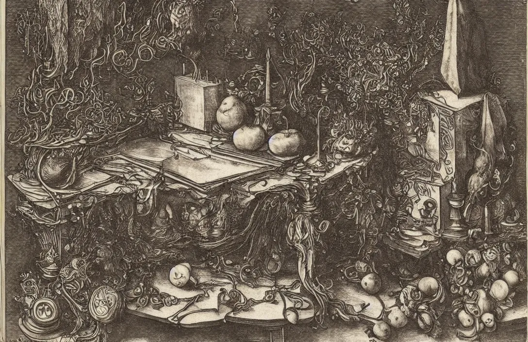 Image similar to albrecht durer still life of the desk of an occult cthulhu priestess. intricate details. somber lighting. minimalist color palette.