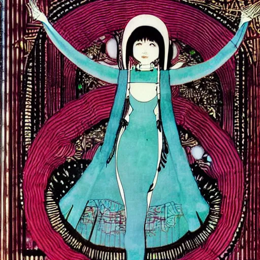 Image similar to hatsune miku, artwork by Harry Clarke