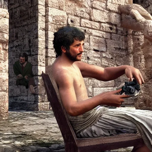 Image similar to 8 k, uhd, historical coloured pictures of ancient roman playing ps 5 consoles, highly details form, highly details content