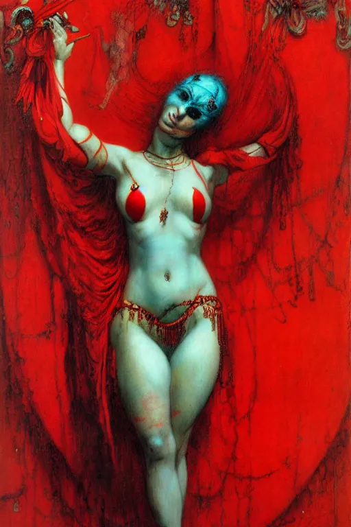 Image similar to red and turquoise raving bellydancer in the style of wayne barlowe, gustav moreau, goward, bussiere, roberto ferri, santiago caruso, luis ricardo falero, austin osman spare