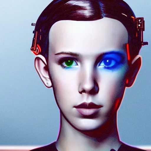 Prompt: Portrait of cyberpunk cyborg Millie Bobby Brown by Leonardo DiCaprio