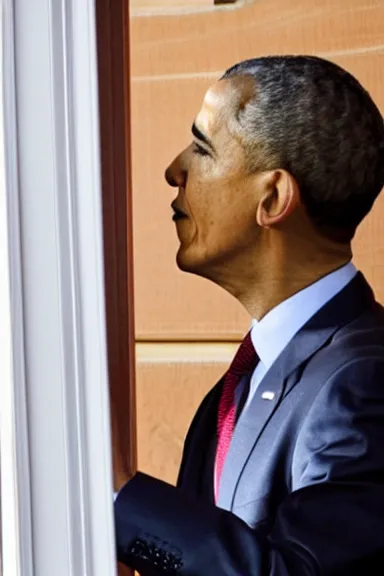 Image similar to a close up photo of obama aggressively opening a door