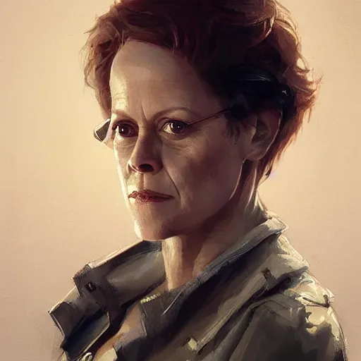 Prompt: portrait of a woman by greg rutkowski, sigourney weaver as an cargo pilot, she is about 6 0 years old, wearing a utilitarian jumpsuit, highly detailed portrait, digital painting, artstation, concept art, smooth, sharp foccus ilustration, artstation hq
