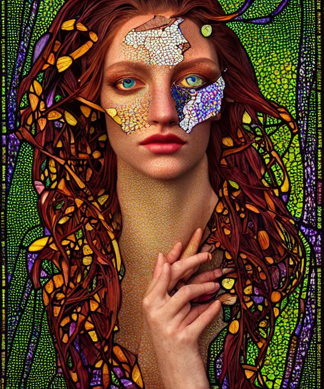 Prompt: a striking!! detailed! portrait of a woman with amber eyes, shards of the evening ascending like broken stained glass, hyacinth, hyperrealistic art nouveau, neural pointillism, earth tones, octane, 8 k