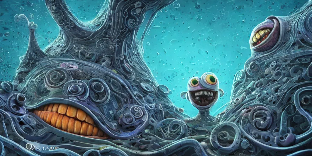 Image similar to of an intricate deep sea with strange cute friendly happy creatures with huge eyes, mouth, long tongue, round teeth and goofy face, appearing from the background, in the style of gehry and gaudi, macro lens, shallow depth of field, ultra detailed, digital painting, trending artstation, concept art, illustration, cinematic lighting, photorealism, epic, octane render