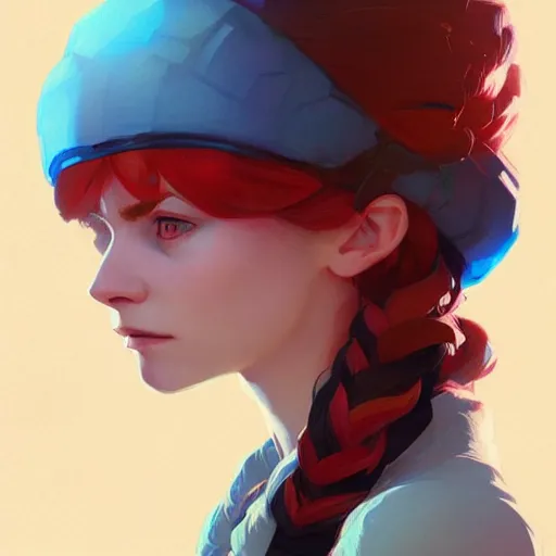 Image similar to portrait of madeline from celeste, blue bubble jacket red long hair, highly detailed, digital painting, artstation, concept art, sharp focus, illustration, art by greg rutkowski and alphonse mucha