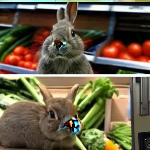 Prompt: a rabbit caught on security camera breaking into a vegetable store