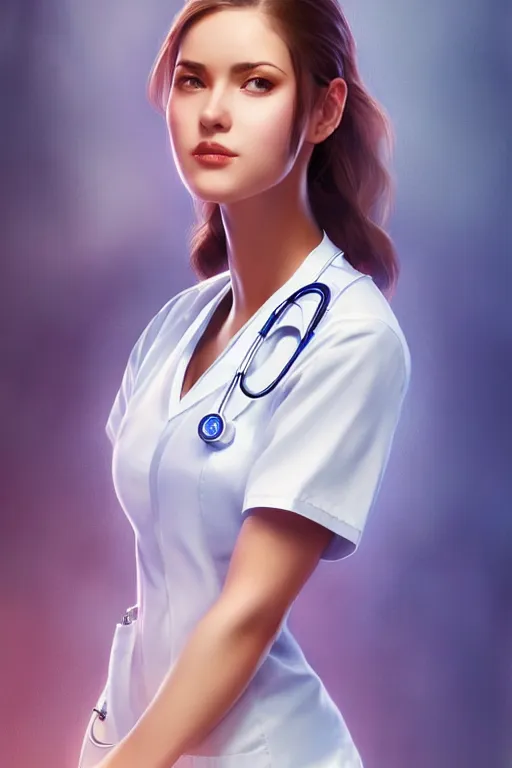 Image similar to full body photo of a gorgeous young woman wearing a nurse outfit in the style of stefan kostic, realistic, sharp focus, 8k high definition, insanely detailed, intricate, elegant, art by stanley lau and artgerm