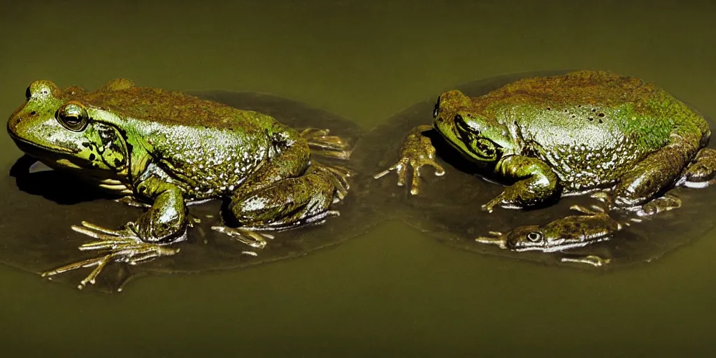 Image similar to detailed medium format photo, polaroid still from tarkovsky movie, of a large bullfrog sitting on a lilly pad in a murky swamp smoking a cigarette, haze, high production value, intricate details, 8 k resolution, hyperrealistic, hdr, photorealistic, high definition, tehnicolor, award - winning photography, masterpiece, amazing colors