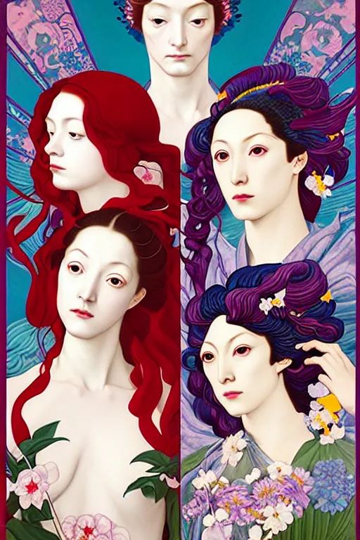 Image similar to 3 Spring Deities, (one representing each month of March, April, and May), in a style blending Æon Flux, Peter Chung, Shepard Fairey, Botticelli, Ivan Bolivian, and John Singer Sargent, inspired by pre-raphaelite paintings, shoujo manga, and cool Japanese street fashion, dramatically blossoming flora and fauna, pastel dynamic colors, hyper detailed, super fine inking lines, ethereal atmosphere, sfumato, 4K extremely photorealistic, Arnold render