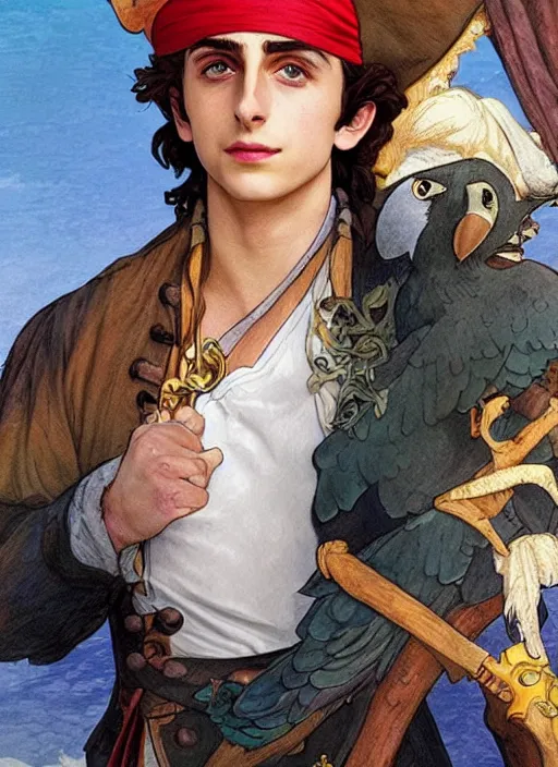Image similar to cute timothee chalamet as a pirate captain. parrot on his shoulder, natural lighting, path traced, highly detailed, high quality, beautiful digital painting, by don bluth and ross tran and studio ghibli and alphonse mucha, artgerm