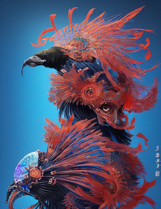 Image similar to 3 d shaman profile portrait. beautiful intricately detailed japanese crow kitsune mask and clasical japanese kimono. betta fish, jellyfish phoenix, bio luminescent, plasma, ice, water, wind, creature, artwork by tooth wu and wlop and beeple and greg rutkowski
