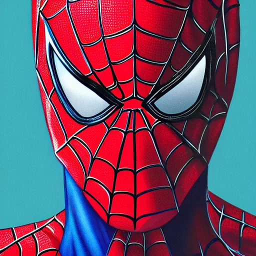 Image similar to portrait of tom holland's spider man, highly detailed, centered, solid color background, digital painting