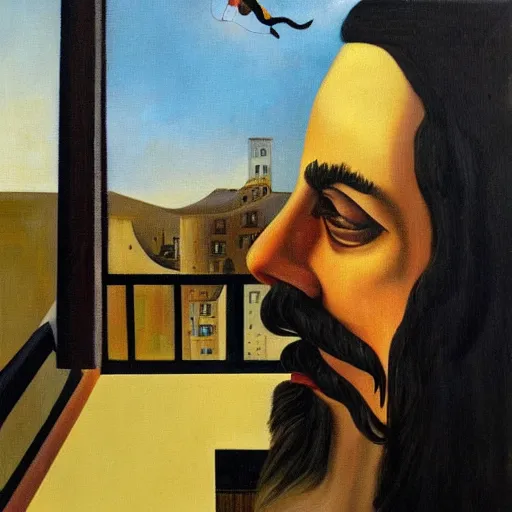 Image similar to a man looking out from the balcony thinking about the person he is in love with. oil canvas in the style of Dali