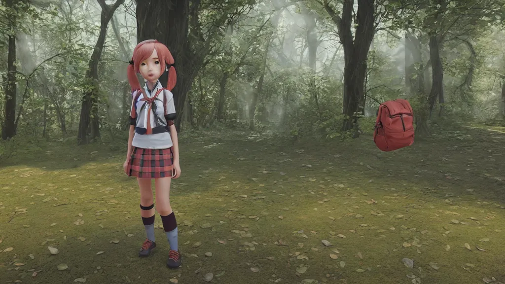 Prompt: cute schoolgirl with proprtional face walk in the forest, in style of katsuya terada, unreal engine 5,