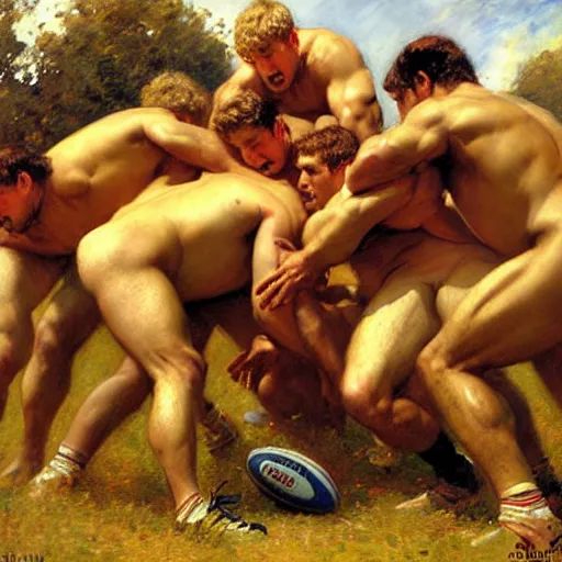 Image similar to handsome rugby players in a scrum painting by gaston bussiere, craig mullins, j. c. leyendecker, tom of finland