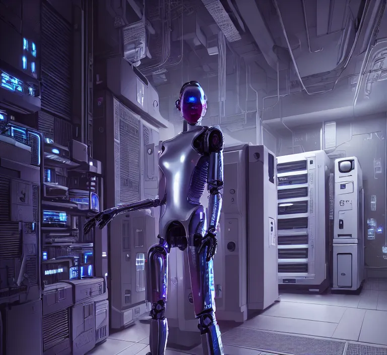 Image similar to hyperrealism stock photogrфзрн of highly detailed stylish humanoid robot in sci - fi cyberpunk style by gragory crewdson and vincent di fate with many details by josan gonzalez working in the highly detailed data center by mike winkelmann and laurie greasley hyperrealism photo on dsmc 3 system rendered in blender and octane render