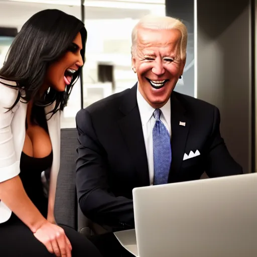 Image similar to stock photo of kim kardashian, and joe biden wearing suits and ties laughing in an office building, 8k resolution, full HD, cinematic lighting, award winning, anatomically correct