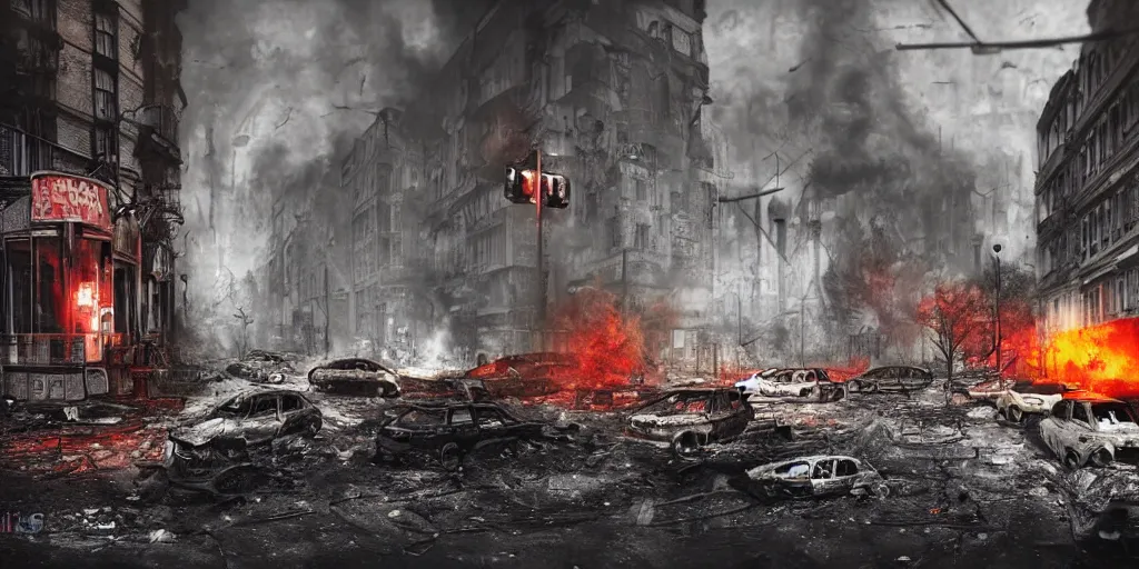 Image similar to post - apocalyptic kreuzberg streets, burned cars, explosions, colorful smoke, hyperrealistic, gritty, damaged, dark, urban photography, photorealistic, high details