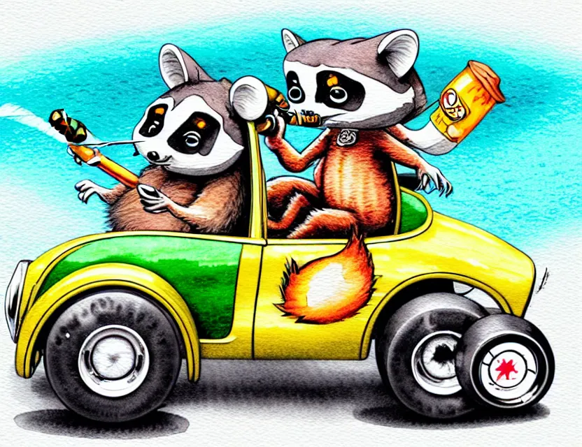 Image similar to cute and funny,'racoon smoking a cigar'riding in a tiny hot rod with oversized engine, ratfink style by ed roth, centered award winning watercolor pen illustration, isometric illustration by chihiro iwasaki, edited by range murata, tiny details by artgerm and watercolor girl, symmetrically isometrically centered