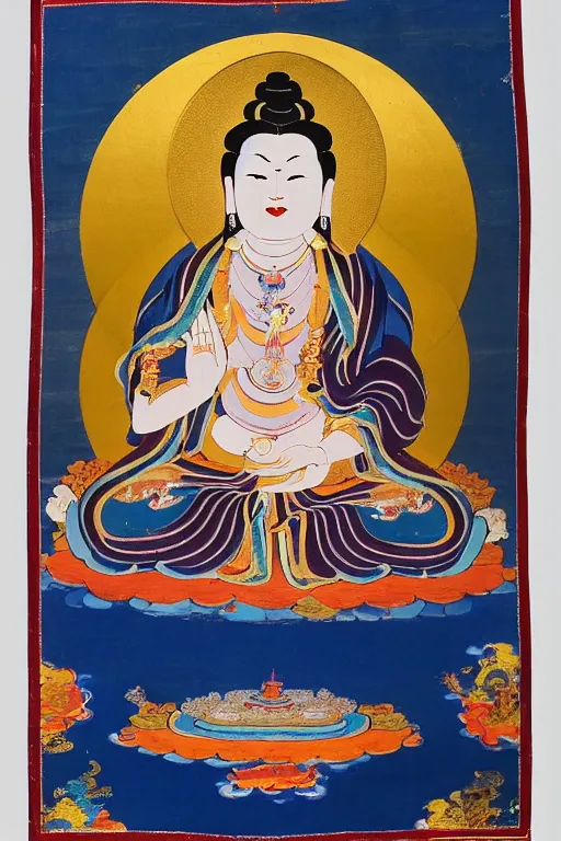 Prompt: A thangka of GUANYIN, painting is done in a rich, deep blue color, with Guanyin depicted in center, surrounded by a halo of light. Guanyin is shown seated on a lotus flower, with a serene expression on her face. She is holding a vase of water in her left hand, and a willow branch in her right hand. Her right hand is raised in the mudra of compassion. The painting is surrounded by a border of clouds,